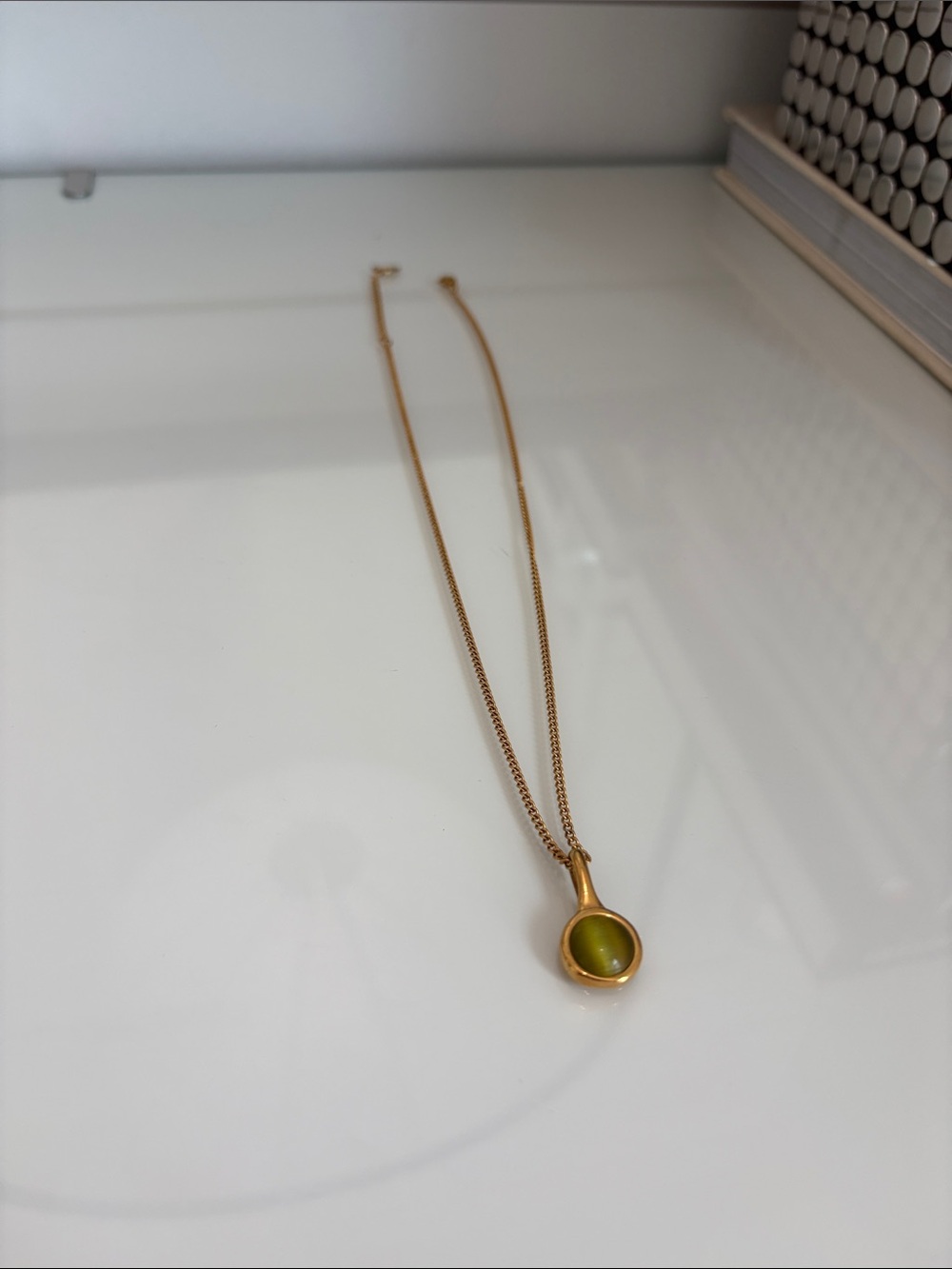 Gold-Tone Necklace with Olive Green Stone Pendant